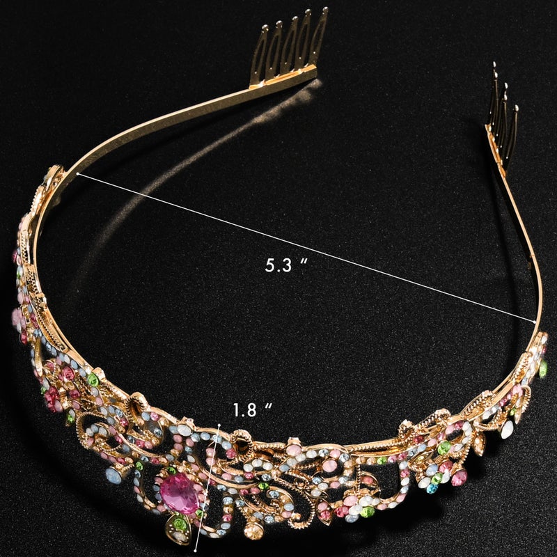 TAROSE Rainbow and Gold Crowns for Women, Queen Crystal Tiaras with Colorful Rhinestone and Combs, Goddess Crown for Wedding Bride Birthday Princess Bridal Shower Hair Accessories - Image 2
