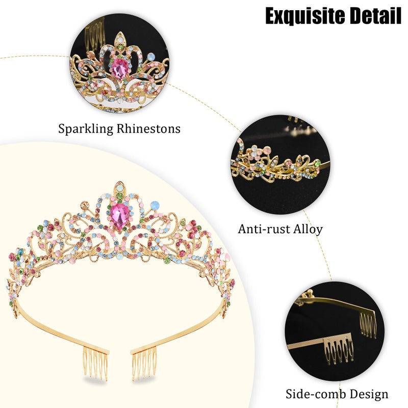 TAROSE Rainbow and Gold Crowns for Women, Queen Crystal Tiaras with Colorful Rhinestone and Combs, Goddess Crown for Wedding Bride Birthday Princess Bridal Shower Hair Accessories - Image 4