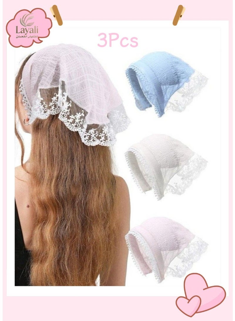 ليالي 3 قطع من وشاح الشعر باندانا رباط اليد للنساء - 3 قطع من وشاح الرأس الشيفون لشعر النساء، وشاح مثلث من الدانتيل غير قابل للانزلاق عصابات شعر للنساء (أزرق + وردي + أبيض عاجي) - Image 1