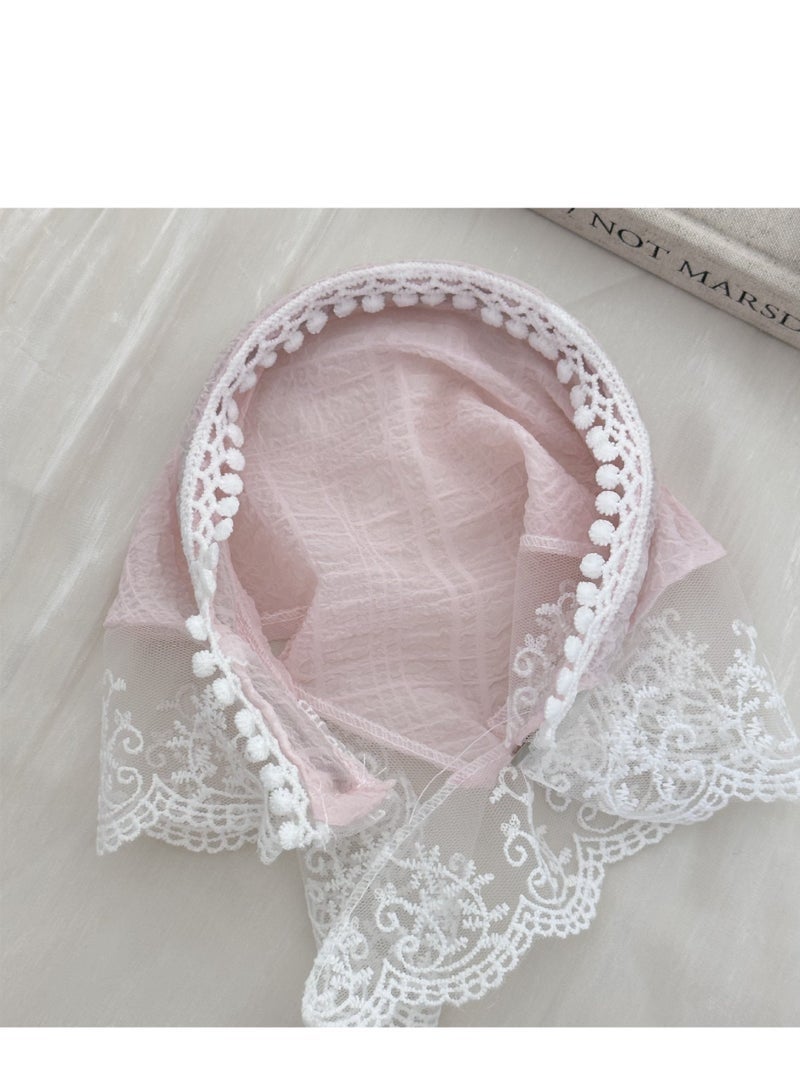 ليالي 3 قطع من وشاح الشعر باندانا رباط اليد للنساء - 3 قطع من وشاح الرأس الشيفون لشعر النساء، وشاح مثلث من الدانتيل غير قابل للانزلاق عصابات شعر للنساء (أزرق + وردي + أبيض عاجي) - Image 5