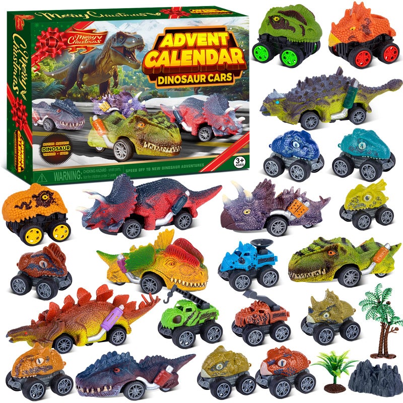 2025 Dinosaur Cars Advent Calendar for Boys Kids 24 Days Monster Truck Christmas Countdown Calendar Pull Back Cars Set for Boys Christmas Holiday Gift  Party Favor for Dinosaur Lovers