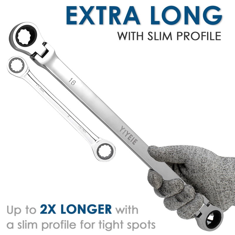 YIYEIE 6 Pcs Extra Long Flex Head Ratcheting Wrench Set, Metric Long Wrench 8mm - 19mm, 72-Tooth Double Box End Wrenches, Chrome Vanadium Steel with Mirror Polish Finish, Rolling Pouch - Image 2