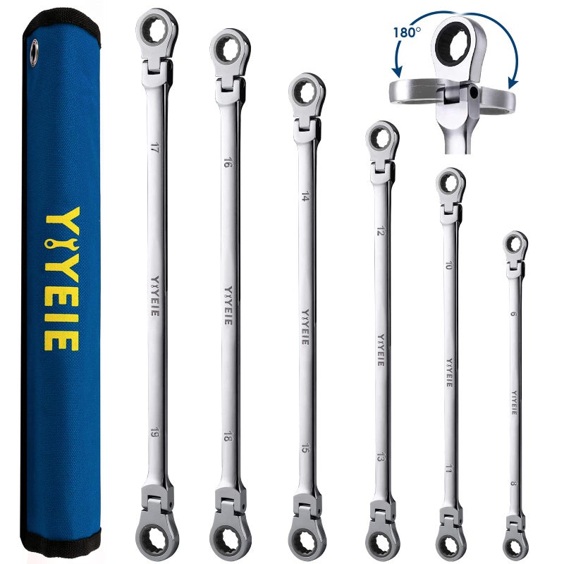 YIYEIE 6 Pcs Extra Long Flex Head Ratcheting Wrench Set, Metric Long Wrench 8mm - 19mm, 72-Tooth Double Box End Wrenches, Chrome Vanadium Steel with Mirror Polish Finish, Rolling Pouch - Image 1