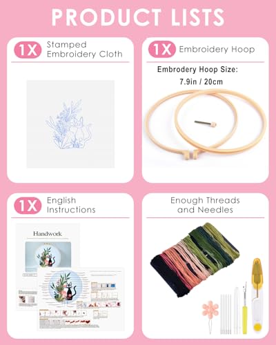 TINDTOP Embroidery Kit for Beginners Adult, Cat Embroidery Kit for Beginners Include Embroidery Cloth Hoops Threads for Craft Lover Hand Stitch with Embroidery Skill Techniques - Image 2