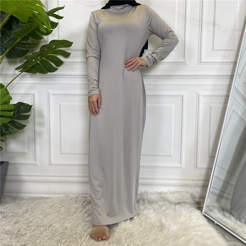 Arabic solid color long sleeve bottoming shirt dress womens 6532 Apricot - Image 4