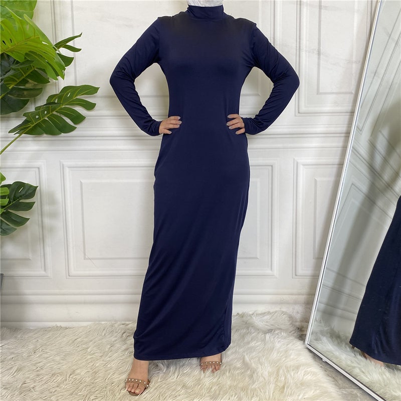 Arabic solid color long sleeve bottoming shirt dress womens 6532 Apricot - Image 2