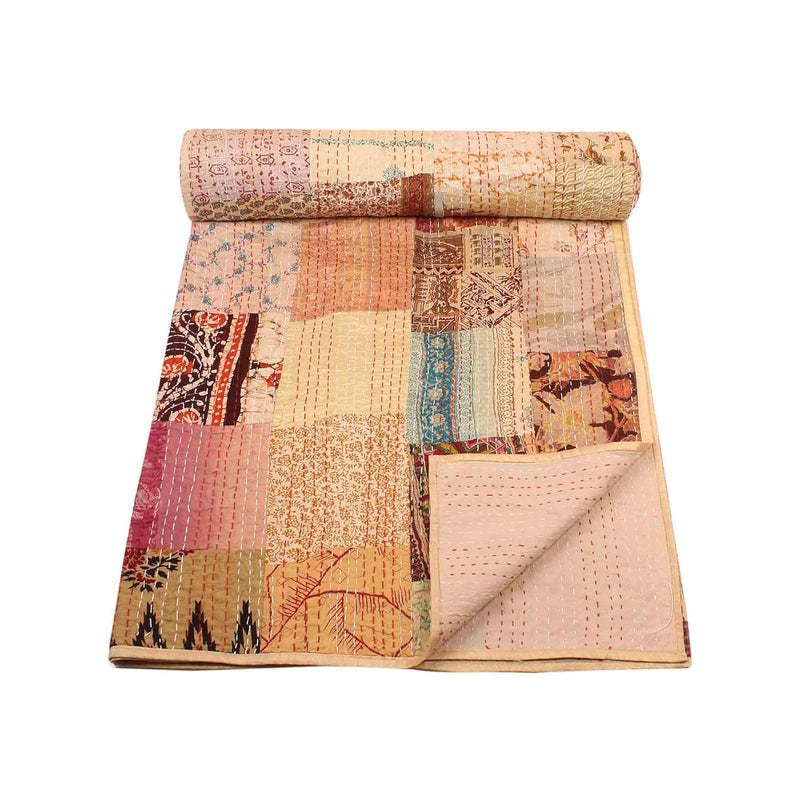 BOHEKANT Handicraft Silk Kantha Quilt Kantha Bed Cover Handmade Kantha Bedspread Kantha Blanket Throw06 Queen 90x108 inches Double Bed - Image 1