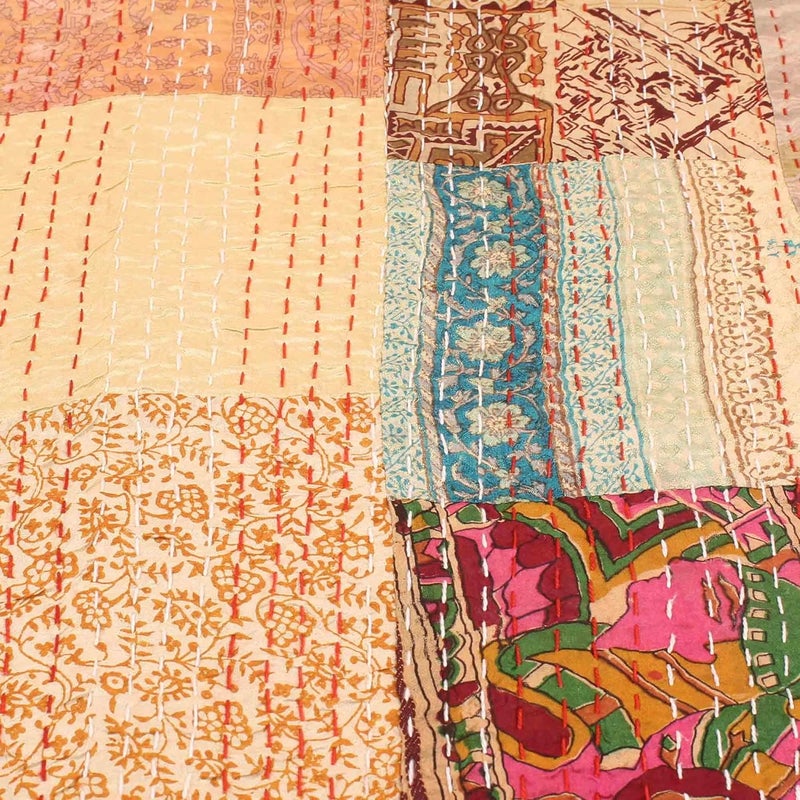 BOHEKANT Handicraft Silk Kantha Quilt Kantha Bed Cover Handmade Kantha Bedspread Kantha Blanket Throw06 Queen 90x108 inches Double Bed - Image 3