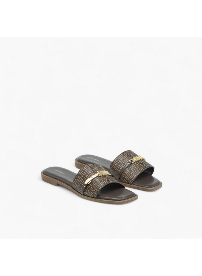 Flora Bella By Shoexpress Women Monogram Print Slip-On Flat Sandals with Metal Accent - Image 1
