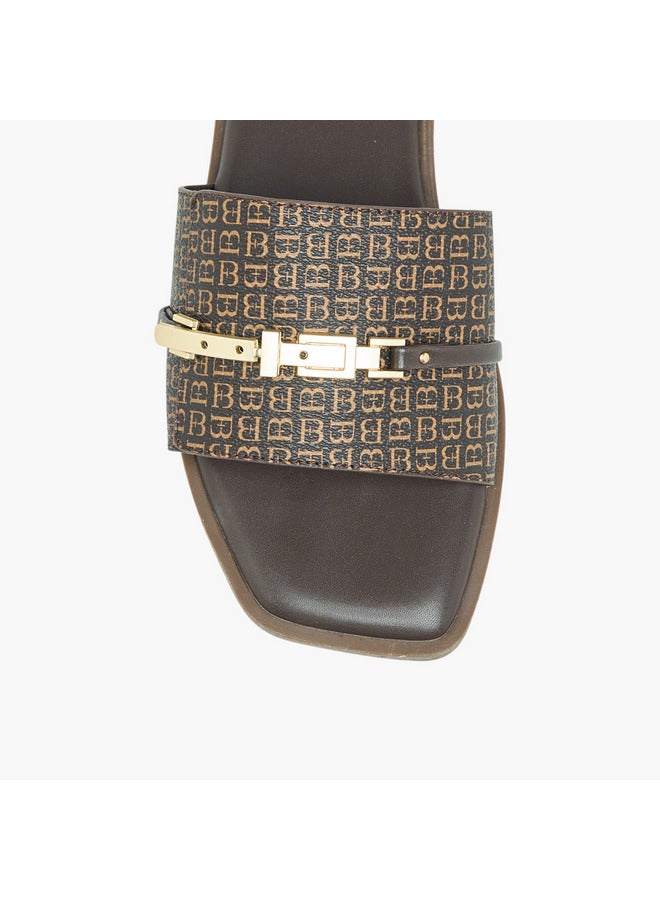 Flora Bella By Shoexpress Women Monogram Print Slip-On Flat Sandals with Metal Accent - Image 4