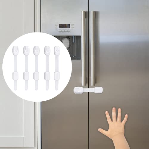 5Pack Child Proof Cabinet Latches for Drawers Cupboards Fridge Toilet Seat Dishwashers Trash Can Up to 37lb Pull Force Adjustable Length 3M Adhesive No Drilling Child Safety Locks White