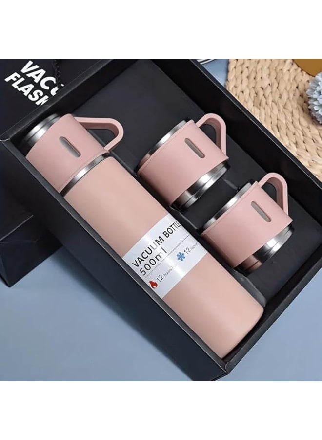 Set Of Vacuum Flask Bottle 500Ml Thermal Stainless Steel With 3 Cups 12 Hours Hot And Cold Insulated Travel Beverage Flask Portable Water Bottle For Outdoor, Office and School (pink)  - Image 2