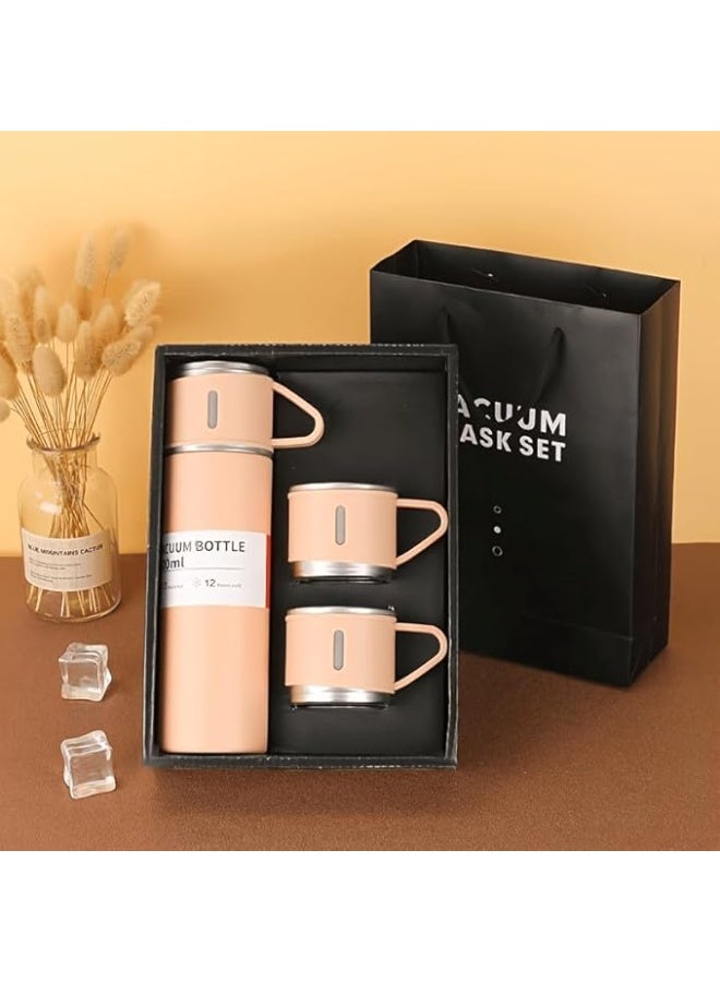 Set Of Vacuum Flask Bottle 500Ml Thermal Stainless Steel With 3 Cups 12 Hours Hot And Cold Insulated Travel Beverage Flask Portable Water Bottle For Outdoor, Office and School (pink)  - Image 1