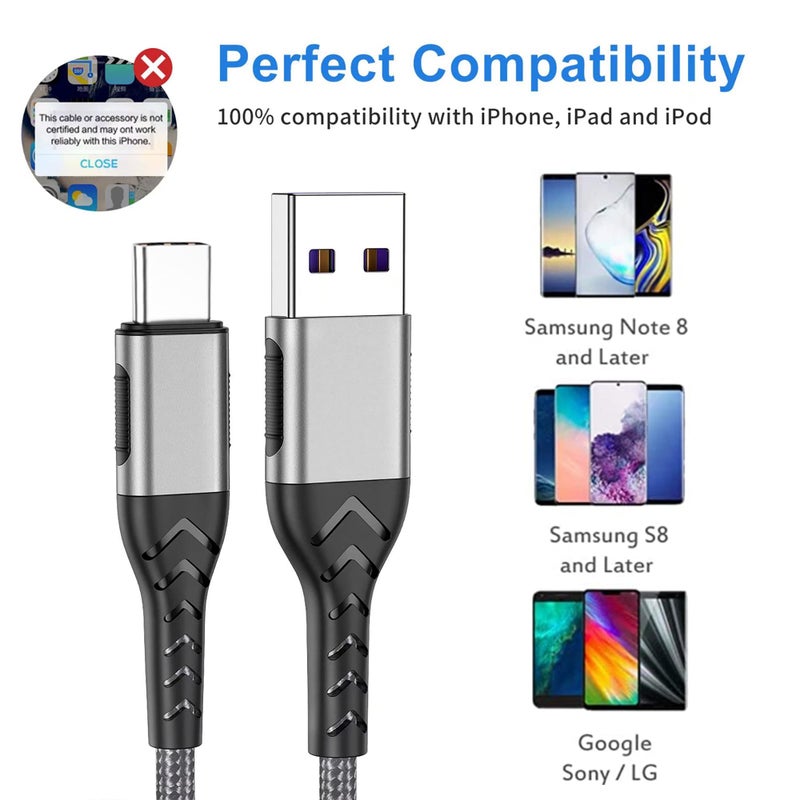 Durcord 16ft Fast Charging USB Type C Charging Cord Cable, Type C Charger Braided USB Cable Compatible with iPhone 15 Pro/Plus/Max/Android/Phone/Pad - Silver - Image 5