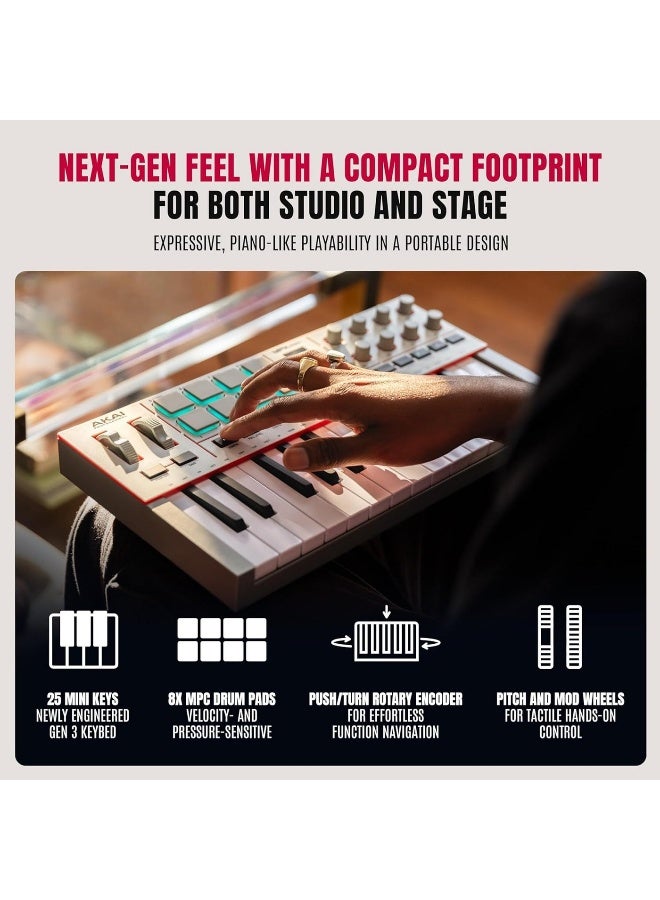 اكاي بروفيشنال متحكم لوحة مفاتيح MPC Mini IV USB-C MIDI للمبتدئين والمنتجين - أزرار طبل MPC، دوائر تحكم بزاوية 360 درجة، عجلات نغمة وتعديل، برامج إنتاج، حزمة صوت من Native Instruments، رمادي - Image 3