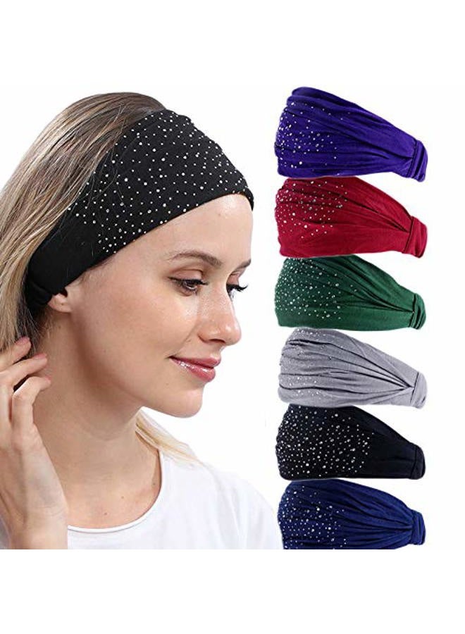 DINPREY Rhinestone Cloth Headband Wide Bandana Headbands Workout Dots Hair bands Womens Yoga Bandana Criss Cross Head Wrap Solid Diamond Twisted Headband Head Wrap Makeup Headband (6 Pcs Rhinestone) - Image 1