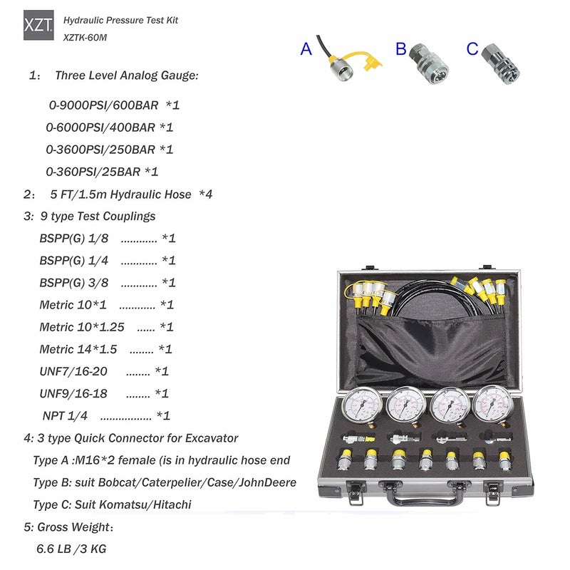 XZT 60M Hydraulic Pressure gauges SetTest HoseHydraulic Pressure Test Coupling KitHydraulic Repair Tools for USAEuropeanJapanese Brand Excavator Construction Machinery - Image 4