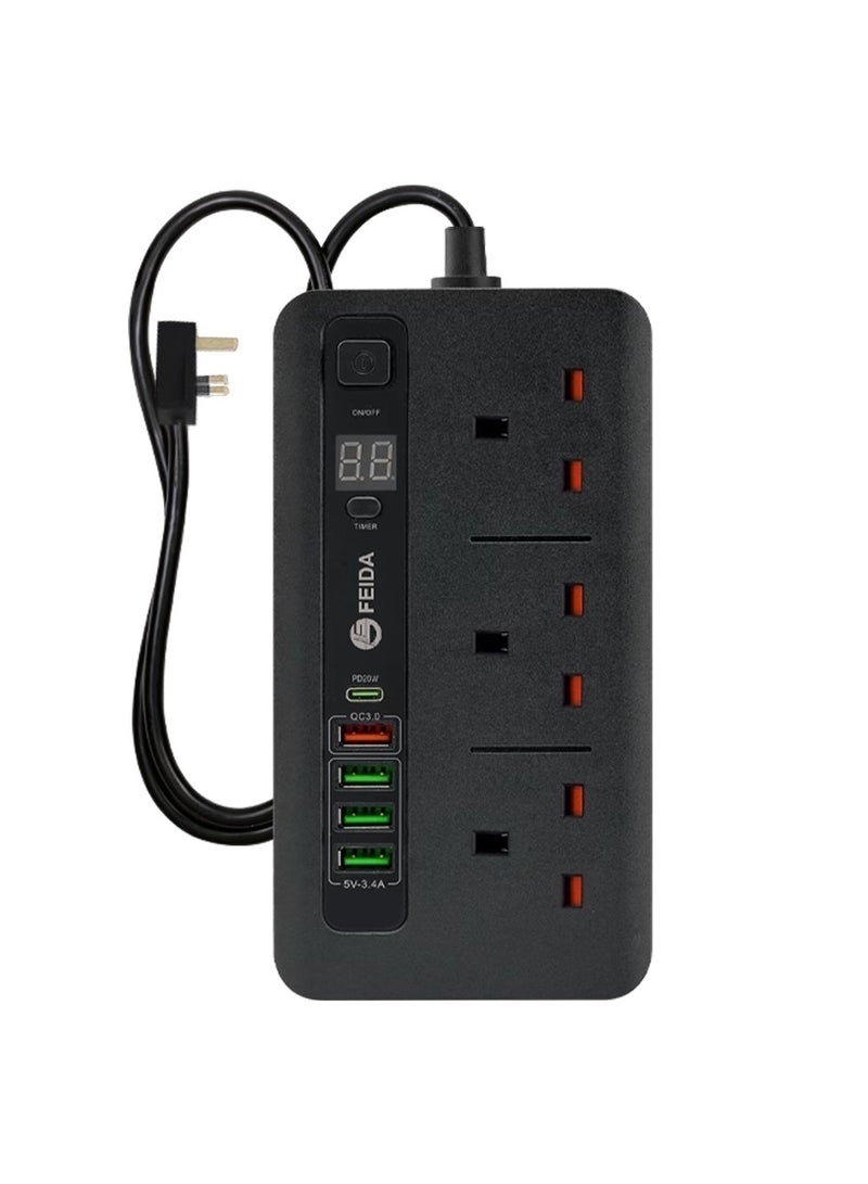 FEIDA three-prong power strip with a power of 3000 watts, equipped with Type-C ports that support fast charging up to 20 watts, and four USB-A ports compatible with most devices, an electrical outlet, equipped with an on/off button, and a fire-safe electrical outlet up to 750 degrees Celsius, 3 meters long - Image 1