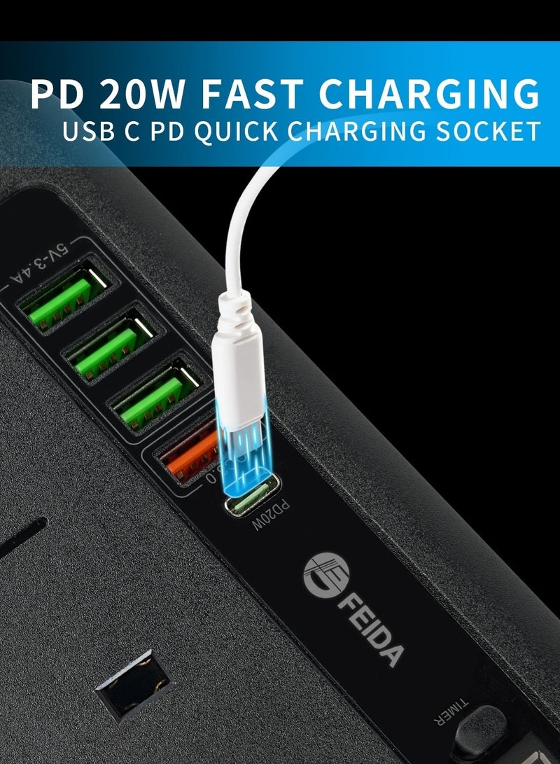 FEIDA three-prong power strip with a power of 3000 watts, equipped with Type-C ports that support fast charging up to 20 watts, and four USB-A ports compatible with most devices, an electrical outlet, equipped with an on/off button, and a fire-safe electrical outlet up to 750 degrees Celsius, 3 meters long - Image 3