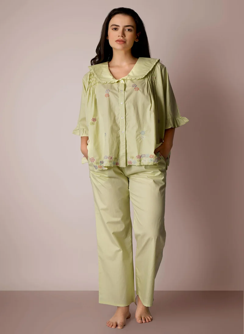 After Dark Malia, Loose fit Embroidered Cotton Shirt and Pyjama Set