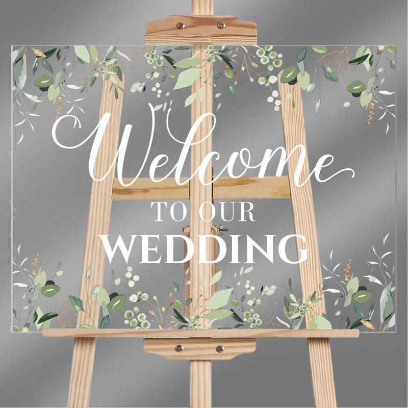 Seeloowy Welcome Wedding Sign - 24 x 18 Inch Acrylic Greenery Eucalyptus Sign for Wedding Reception, Ceremony, Lawn, Indoor - Image 1