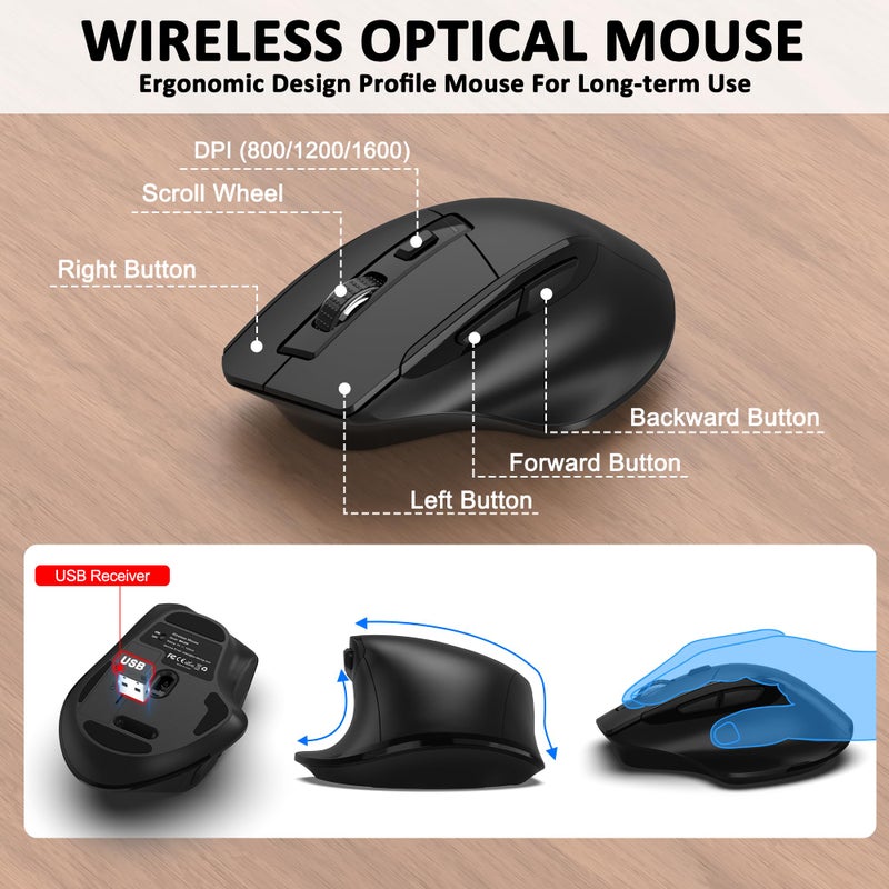 EDJO Wireless Keyboard and Mouse Combo, EDJO 2.4G Full Size Wave Keys Ergonomic Keyboard with Wrist Rest and 3-Level DPI Adjustable Wireless Ergonomic Mouse for Windows, Mac OS Desktop/Laptop/PC(Black) - Image 4