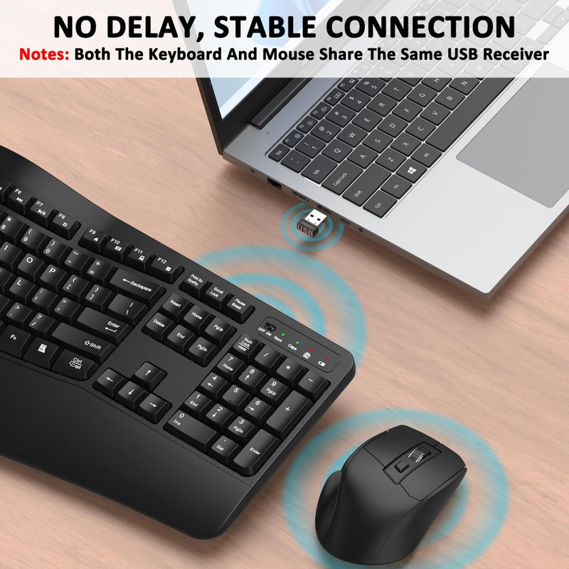 EDJO Wireless Keyboard and Mouse Combo, EDJO 2.4G Full Size Wave Keys Ergonomic Keyboard with Wrist Rest and 3-Level DPI Adjustable Wireless Ergonomic Mouse for Windows, Mac OS Desktop/Laptop/PC(Black) - Image 5