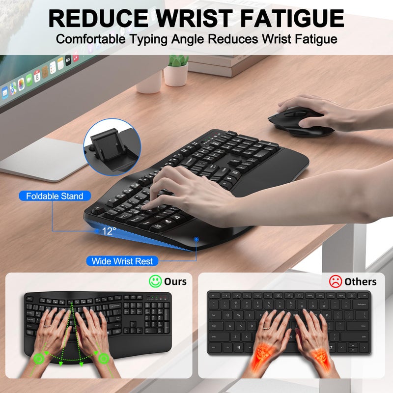 EDJO Wireless Keyboard and Mouse Combo, EDJO 2.4G Full Size Wave Keys Ergonomic Keyboard with Wrist Rest and 3-Level DPI Adjustable Wireless Ergonomic Mouse for Windows, Mac OS Desktop/Laptop/PC(Black) - Image 3