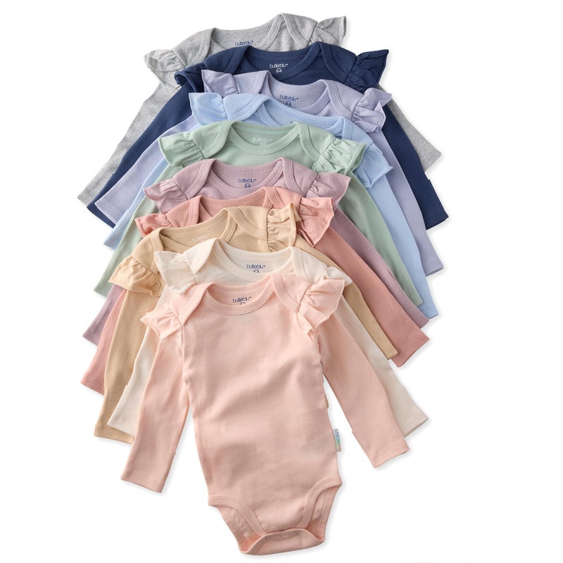 Butterblu Ashley 10-Pack Long Sleeve Ruffle Shoulder Bodysuits 100% Organic for Baby Girls, Sorbet Frost Rainbow, 3-6 Months - Image 1