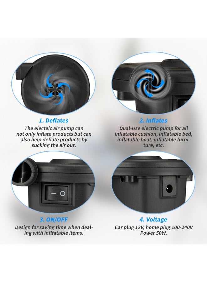 Electric Air Pump Portable Air Pump with 3 Nozzles One-Button Switch for Fast Inflation & Deflation Dual Power 100-240V AC/12V DC Pumps for Inflatable Boats, Pools, Furniture, Outdoor Camping - Image 4