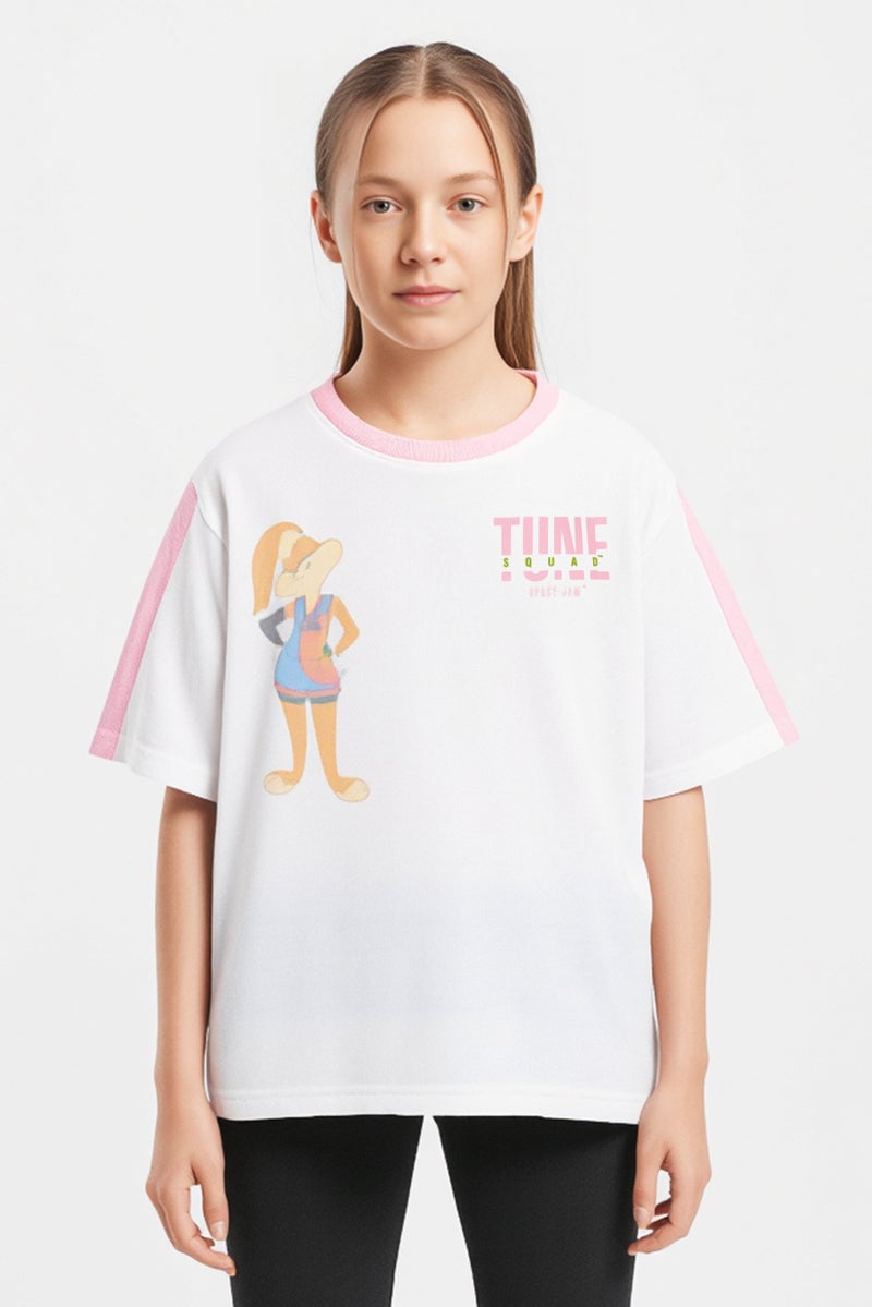 Space Jam تي شيرت قصير الأكمام بنات للأطفال بياقة دائرية، أبيض - Image 1