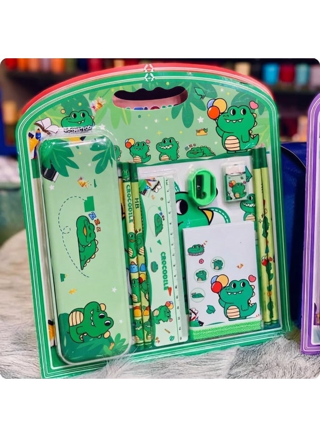 Dinosaur-themed school stationery set (pencil case + 4 pencils + wallet + eraser + sharpener)