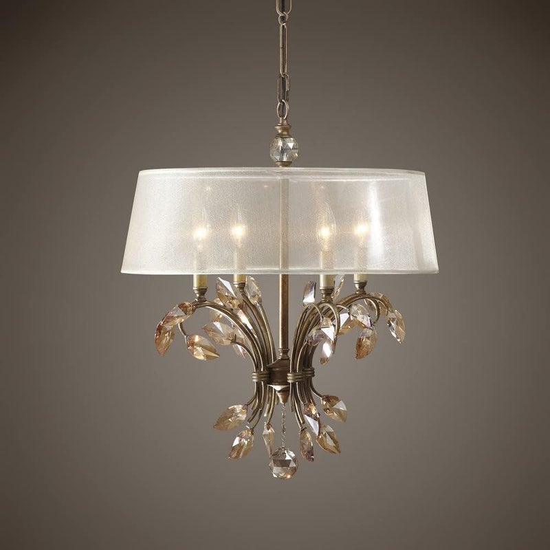 Uttermost Uttermost Alenya Chandelier 4 Light MetalCrystalFabric Silken Champagne Sheer Fabric Traditional Installation  - Image 4