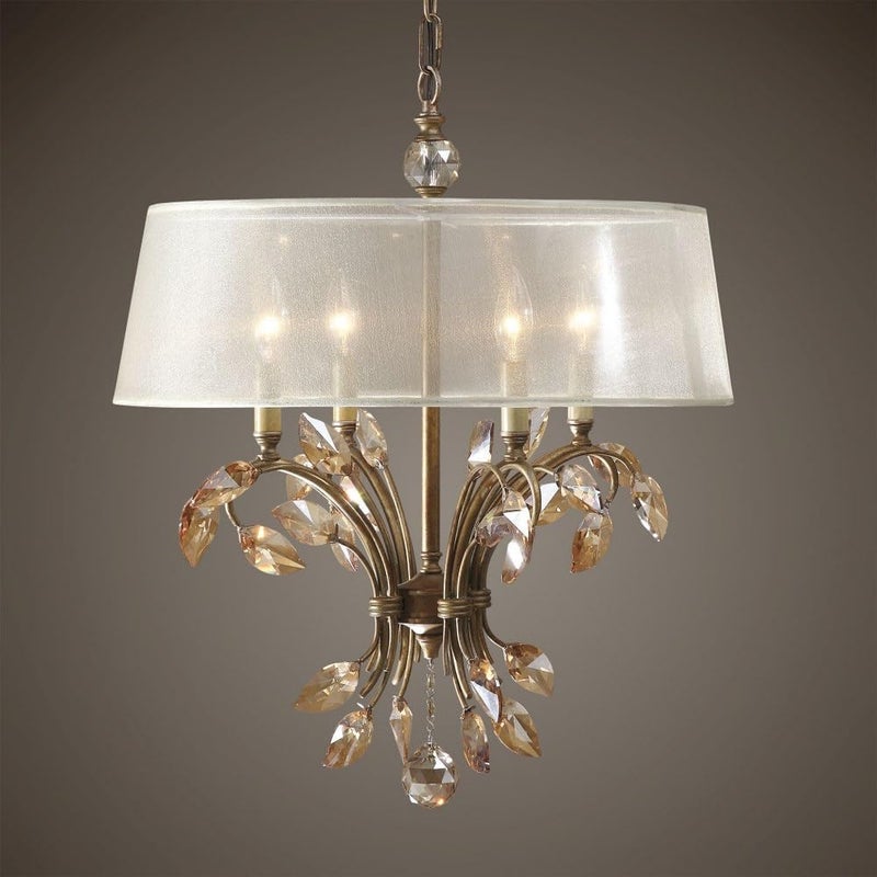 Uttermost Uttermost Alenya Chandelier 4 Light MetalCrystalFabric Silken Champagne Sheer Fabric Traditional Installation  - Image 5