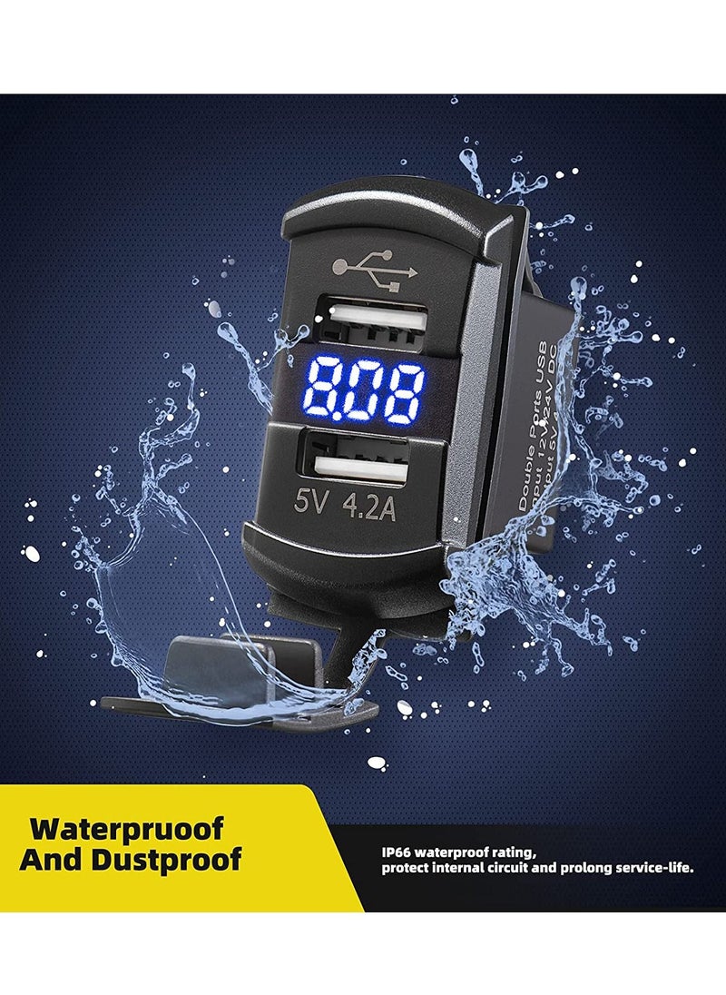 SYOSI - Car Charger 4.2A Dual USB Port Socket Rocker Style Adapter Socket and Waterproof Fast Charge Mount with Blue Led Digital Voltmeter for Rocker Marine Switch Panel on Boat RV Vehicle ect - Image 1