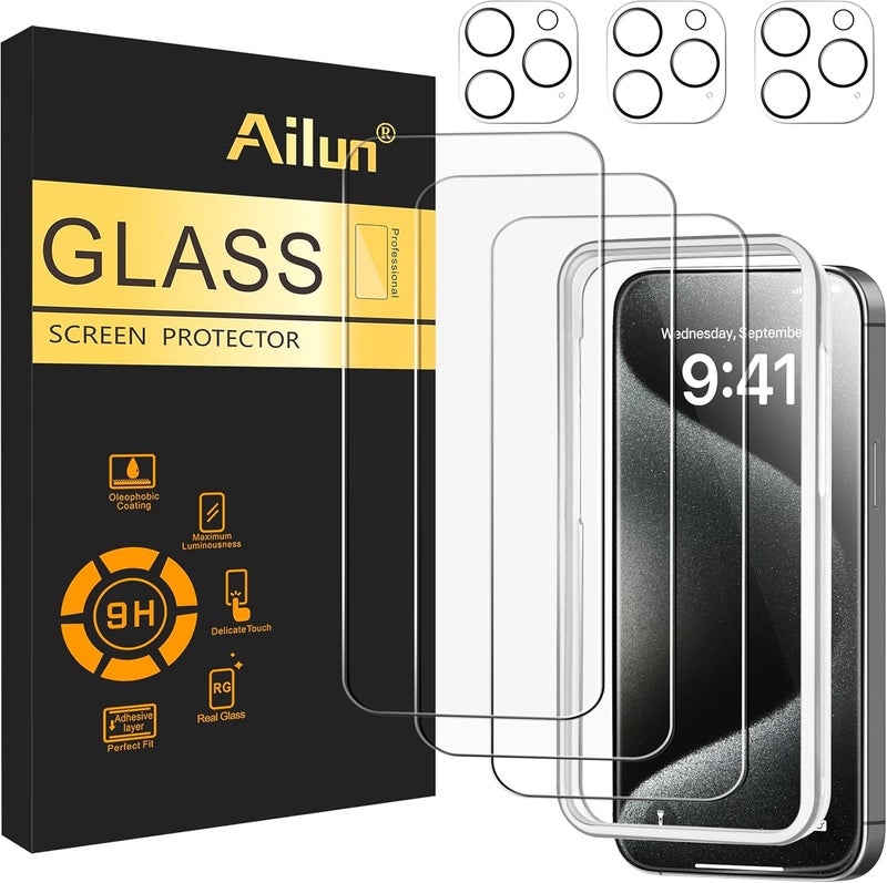 Ailun 3 Pack Screen Protector for iPhone 15 Pro Max [6.7 inch] + 3 Pack Camera Lens Protector with Installation Frame,Sensor Protection,Dynamic Island Compatible,Case Friendly Tempered Glass Film - Image 1