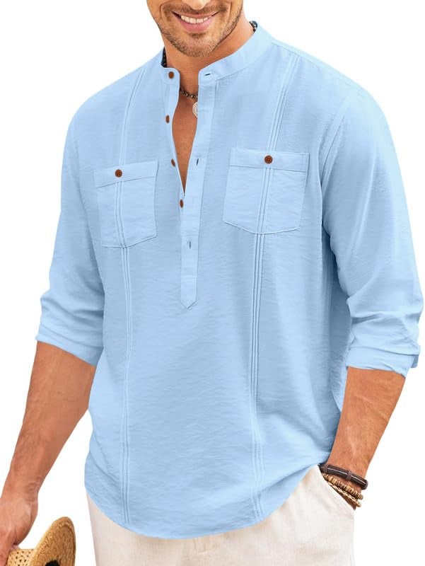 Macsivo Cotton Blend Solid Casual Short Kurta for Men Long Sleeve Mandarin Collar Stylish Shirt Kurta for Men Sky - Image 1