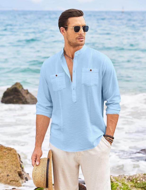 Macsivo Cotton Blend Solid Casual Short Kurta for Men Long Sleeve Mandarin Collar Stylish Shirt Kurta for Men Sky - Image 5