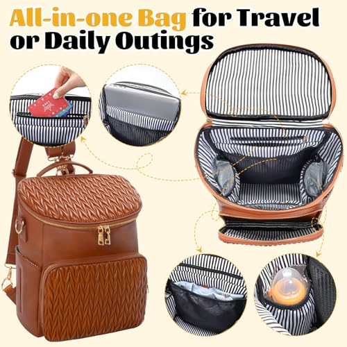 Minsong Diaper Bag Backpack, Fashion Leather Mommy Backpacks, Travel Baby Diaper Bags with in Bag Organizer and Changing Pad (Brown-stripes) - Image 3