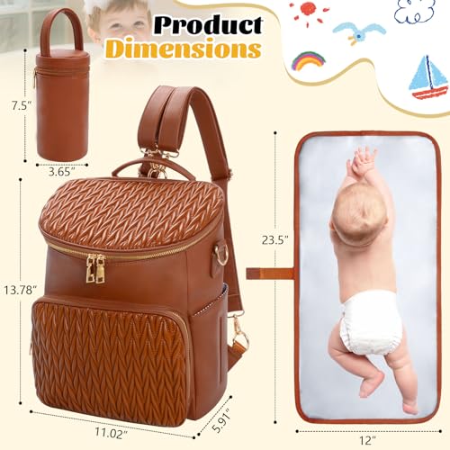 Minsong Diaper Bag Backpack, Fashion Leather Mommy Backpacks, Travel Baby Diaper Bags with in Bag Organizer and Changing Pad (Brown-stripes) - Image 2