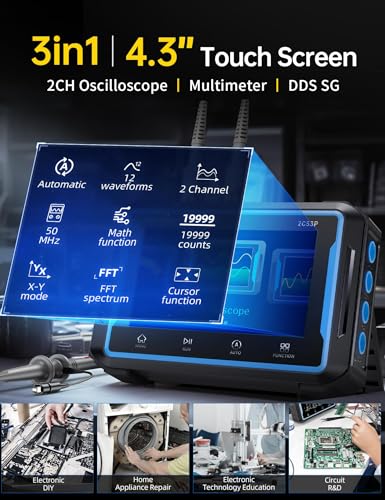 FNIRSI 2C53P Handheld Tablet Oscilloscope Multimeter DDS Signal Generator 3 in 1 2CH Automotive Oscilloscope Multimeters with 50Mhz Bandwidth 19999 Counts 250MSs Sampling 43 inch Touch Screen - Image 3
