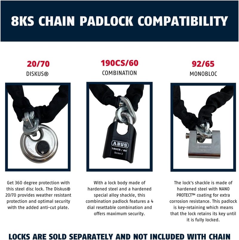Abus Hardened Steel 8KS 6 Foot x 5/16" Thick Square Security Chain for Bikes, Containers, Trailers, ATV's, Motorcycles and Personal/Industrial Property - Image 5