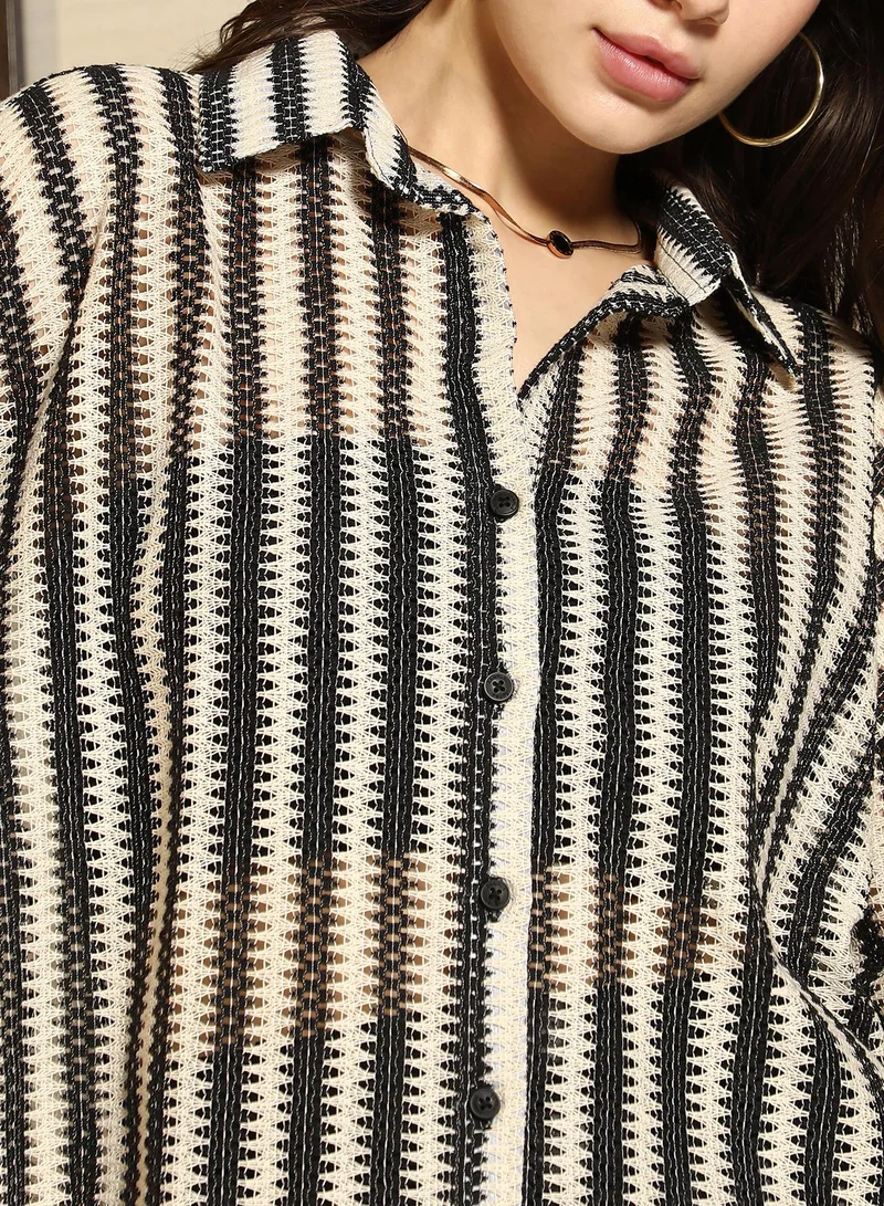 PINACOLADA Pinacolada Women's Onyx Black & Off-White Striped Crochet Oversized Shirt | Spread Collar , Long Cuffed Sleeves , Button Closure | Stripes Crochet Material | Cotton-Blend Shirt For Casual Wear