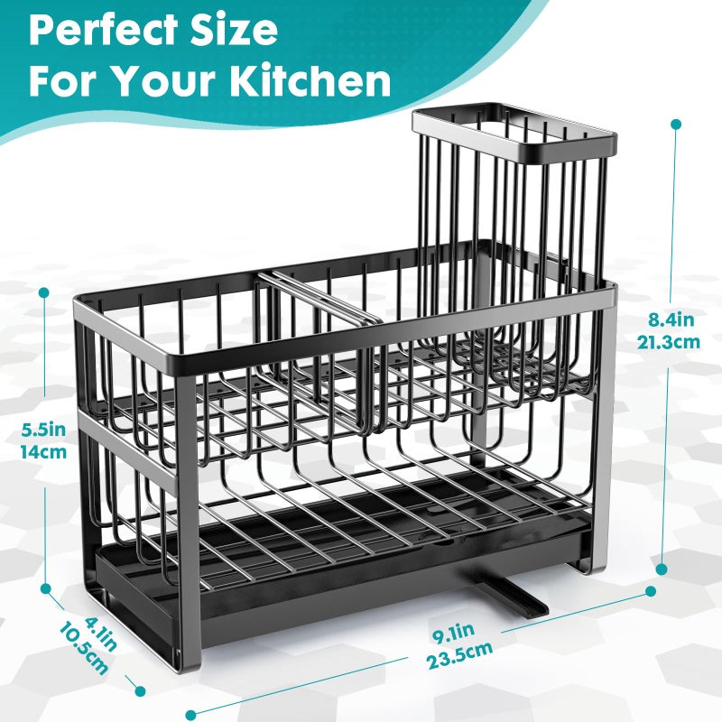 Sinnsally Kitchen Sponge Holder,2 Tier Sink Caddy Organizer with High Brush Holder,Stainless Steel Sink Box Dish Scrubber Holder,Soap Tray for Kitchen Counter Accessories & Storage Rack (Black) - Image 5
