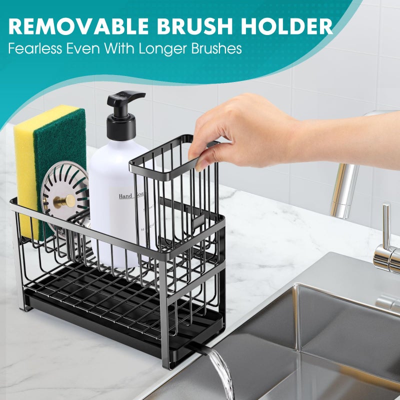 Sinnsally Kitchen Sponge Holder,2 Tier Sink Caddy Organizer with High Brush Holder,Stainless Steel Sink Box Dish Scrubber Holder,Soap Tray for Kitchen Counter Accessories & Storage Rack (Black) - Image 3