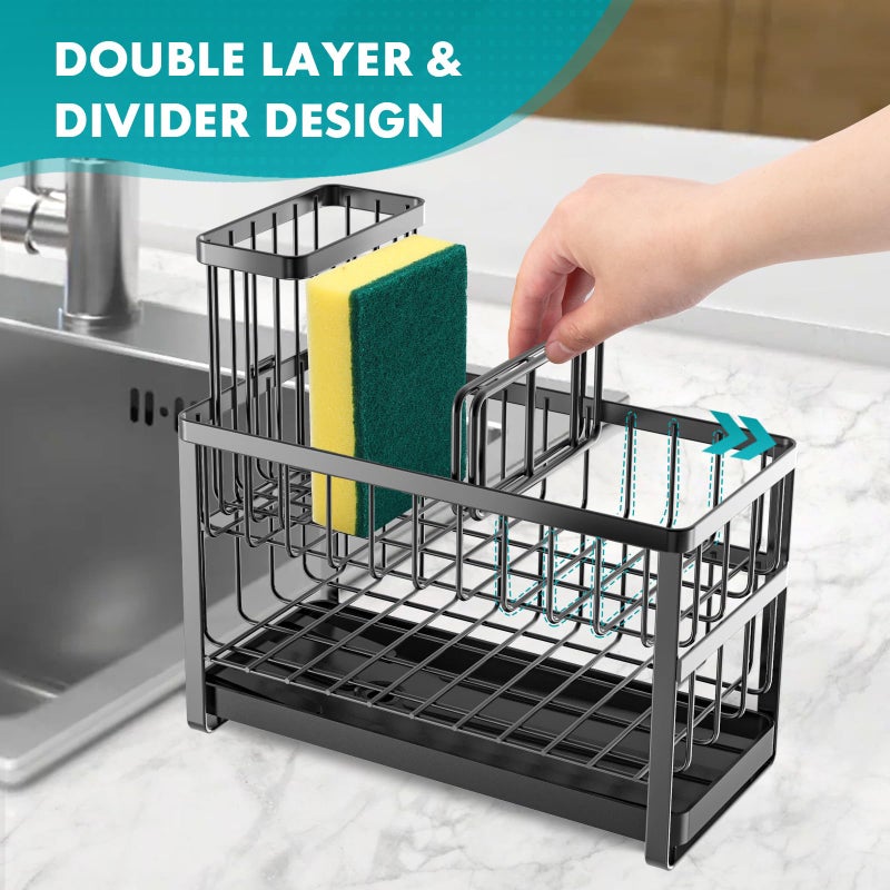 Sinnsally Kitchen Sponge Holder,2 Tier Sink Caddy Organizer with High Brush Holder,Stainless Steel Sink Box Dish Scrubber Holder,Soap Tray for Kitchen Counter Accessories & Storage Rack (Black) - Image 4