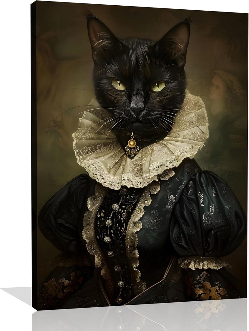 OWNANRTHM Gothic Cat Canvas Wall Art - Lady Cat Portrait - Image 1