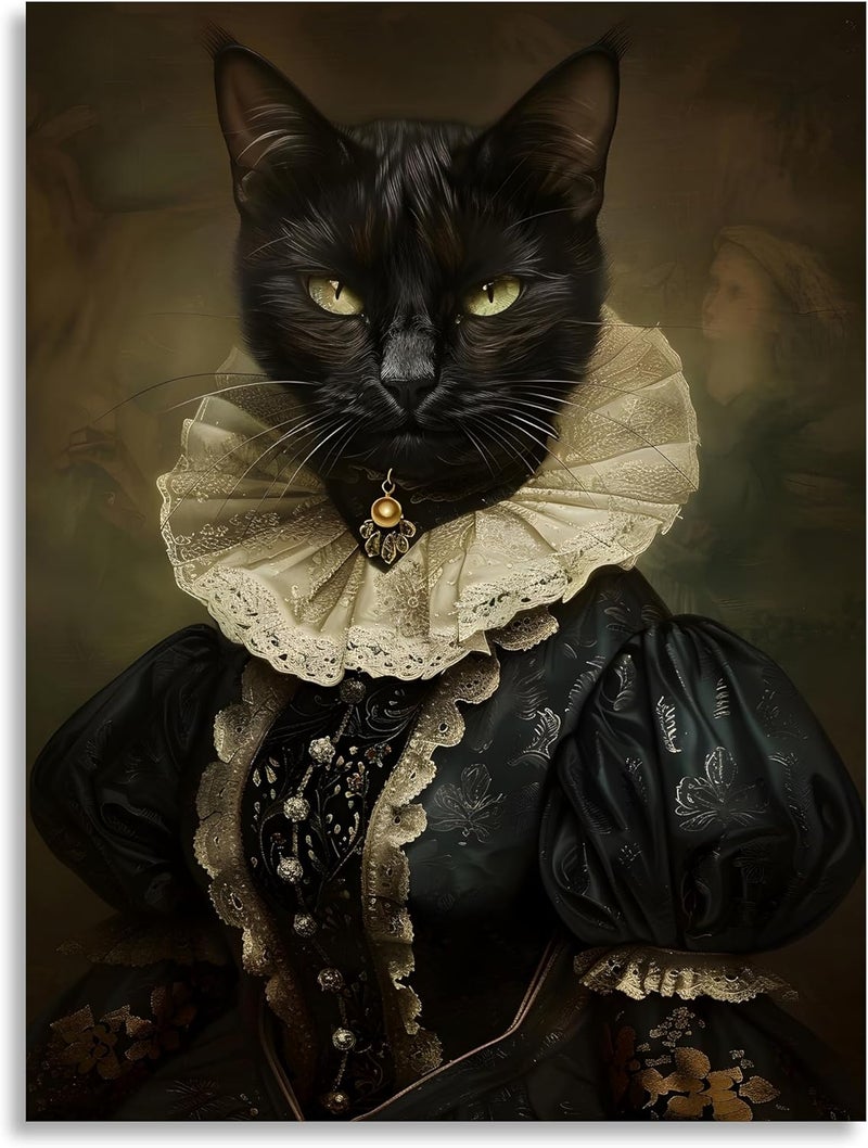 OWNANRTHM Gothic Cat Canvas Wall Art - Lady Cat Portrait - Image 2