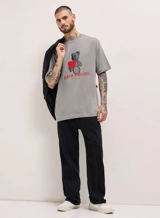 THE BEAR HOUSE  Men's Grey Oversize Bear Amore Graphic Crew Neck T-shirt Perfect For Casual Wear, Gym, Travel, Or Layering Stylish And Versatile Essential For Every Wardrobe for Men | Best Price UAE