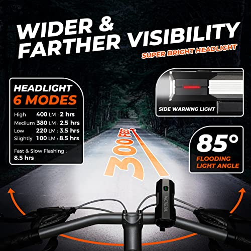 VICTGOAL Cycle Lights USB Rechargeable Bicycle Headlight and Tail Light Set, Powerful LED High Brightness with 6 Modes Waterproof Bicycle Lights Front and Back for Night Cycling (400 Lumen) - Image 5
